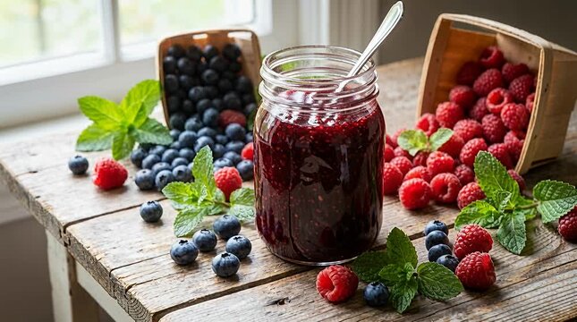 Homemade berry jam with fresh blueberries and raspberries on rustic wood, preserves food berry jam, blueberry.