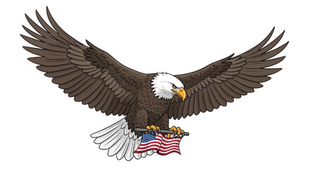 Fototapeta premium American bald eagle spreads wings holding flag
