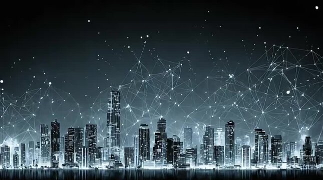 Futuristic city skyline connected through digital networks and technology