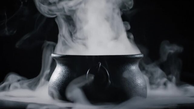 A dark, moody image showcases a bubbling cauldron filled with swirling smoke.