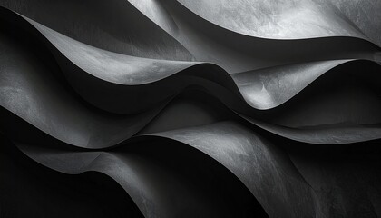 A smooth black and white abstract background featuring flowing silk waves and soft 3d curves creates a digital textile pattern with elegant light and dark cloth textures for a modern art backdrop