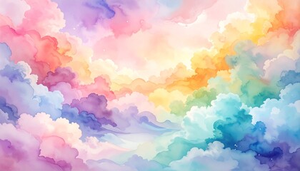 Hand painted abstract watercolor background featuring a beautiful blue sky with white clouds and a bright summer rainbow reflecting clear nature textures and sunlight