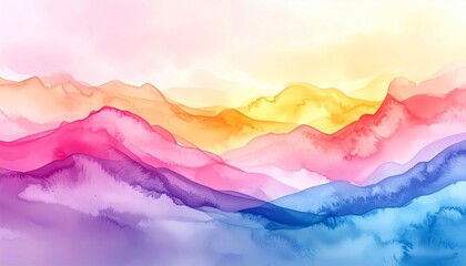 Abstract watercolor painting of a misty mountain landscape at sunrise with blue horizon clouds and forest silhouettes in a winter valley