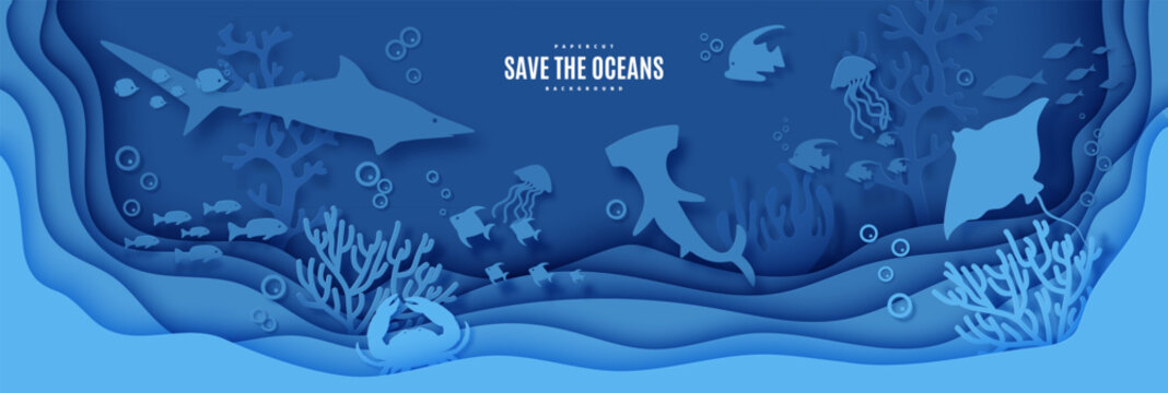 Paper cut butterfly fish, moonfish, crab, stingray, hammerhead fish, shark. Paper craft layered background under ocean cave with fishes coral reef seabed in algae waves. Vector sea marine life concept