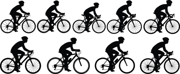 Cyclist silhouette collection showing road bike riding positions sport cycling motion isolated on white background vector illustration set