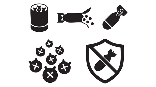 Set of various black and white silhouette icons representing different types of bombs and an anti-bomb shield symbol
