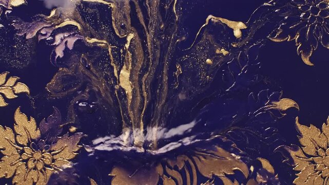 Seamless loop of elegant golden abstract floral batik patterns transforming into a deep indigo fluid wash creating a mystical and evolving surface background mystery, screen saver, aesthetic