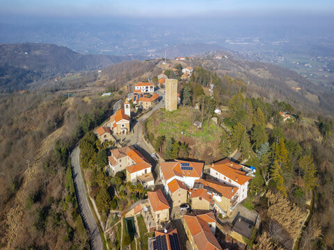 Drove view of of Castelletto d'Erro, small village of Monferrato Region. Is an hilly area of Piedmont (Northern Italy), UNESCO site since 2014, famous for its valuables red wines.