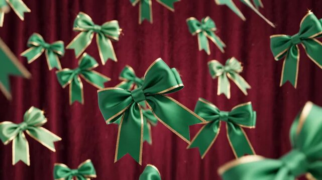 Seamless loop of elegant green ribbon bows gently floating and rotating across a rich deep crimson background ideal for animated holiday projects projects, bows, marketing