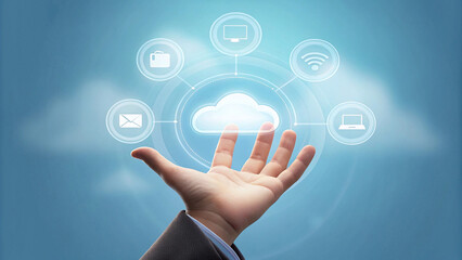 Hand holding cloud technology services and digital icons in sky background