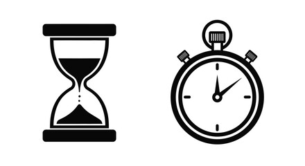 Black and white illustration of an hourglass and a stopwatch