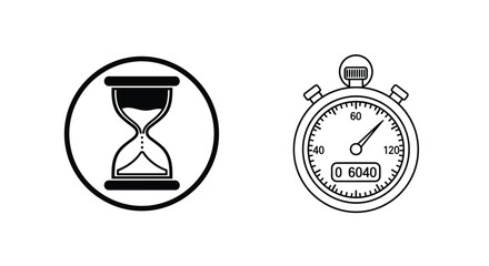 Time concepts an hourglass and a stopwatch in black and white