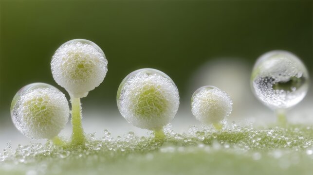 Close-up of Powdery Mildew Spores and Droplets on a Green Leaf Surface