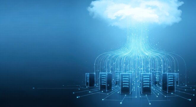 Cloud computing technology connects data to servers in a digital environment at night