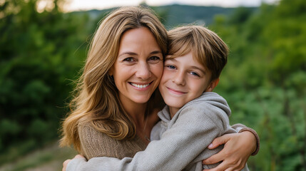 Fototapeta premium Mother and son embracing each other warmly, maternal affection display, family love connection, parent-child hug moment, emotional bonding visualization, with copy space