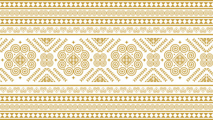 Seamless, traditional Hmong tribal pattern in gold, featuring geometric designs and cultural ornaments. Ideal for fashion fabrics, gift wrapping paper, stationery, and decorative surfaces.