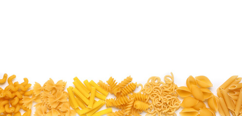 Composition with different types of raw pasta on white background
