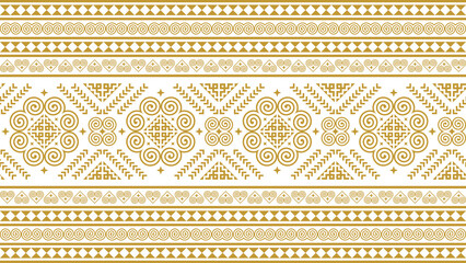 Seamless, traditional Hmong tribal pattern in gold, featuring geometric designs and cultural ornaments. Ideal for fashion fabrics, gift wrapping paper, stationery, and decorative surfaces.
