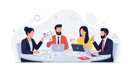 Diverse business team in meeting, discussing documents and using laptops.