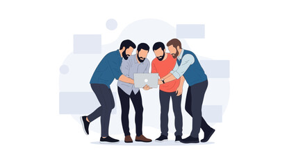 Teamwork collaboration, men gathered around laptop, flat design illustration