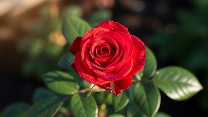A single red rose with water droplets