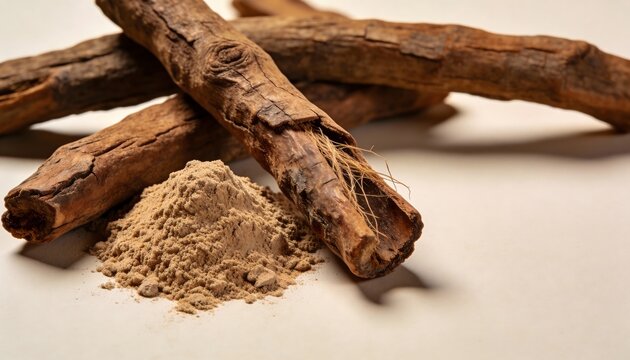 Tongkat Ali (Eurycoma longifolia) Root Sticks and Powder on Neutral Background &ndash; Traditional Herbal Ingredient Macro