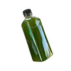 Green plastic bottle containing water.