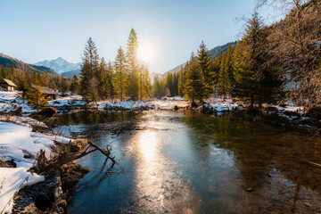 Mountain view with hiking path in Javorova dolina nature reserve during a winter sunny day in Slovakia in High Tatras mountains © Zedspider