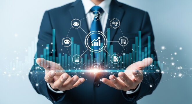 Businessman holding a tablet with a digital graph and icons representing data analysis and financial growth in a professional setting