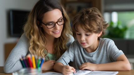 Mother and son drawing at home together, creative family activity, artistic bonding moment, domestic educational play, parent-child collaboration, with copy space