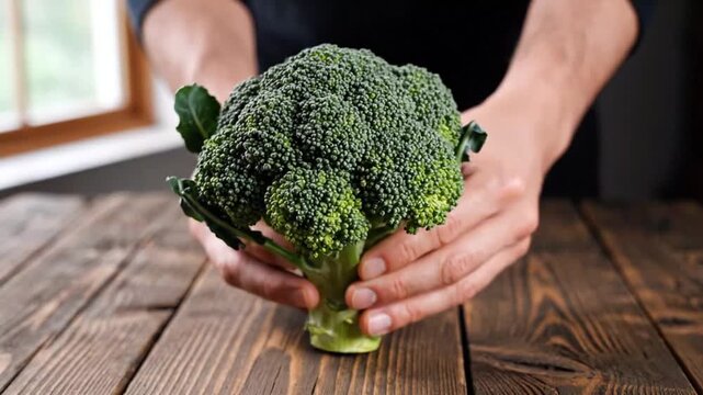 Fresh Whole Broccoli Crown Held by Hands on a Rustic Wooden Table