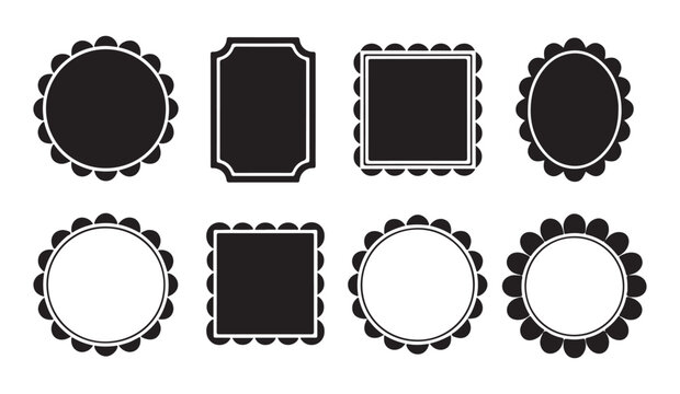 Decorative black scalloped frames set with round square and oval shapes for badges and label designs