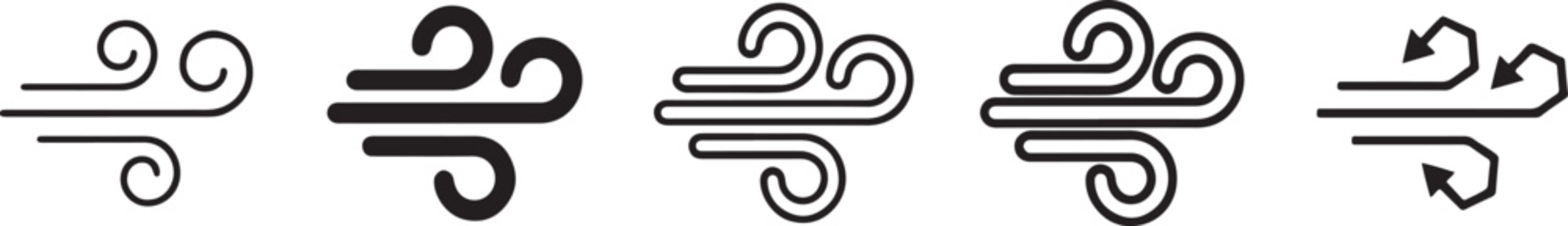 Set of various wind icons depicting air movement, breeze, and weather conditions Vector