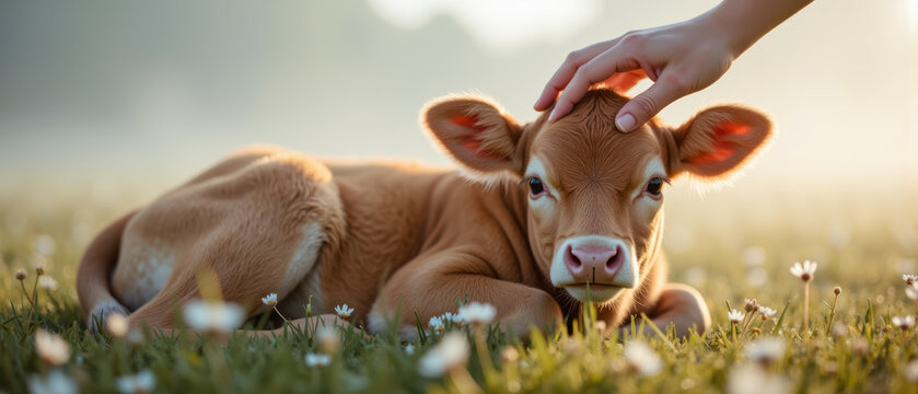 Gentle hand caresses young calf resting in field of flowers, evoking sense of warmth and connection with nature