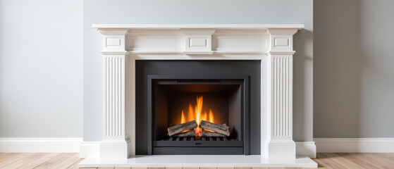 Modern fireplace design with elegant mantel, glowing flames, and wooden logs creates cozy atmosphere in stylish interior