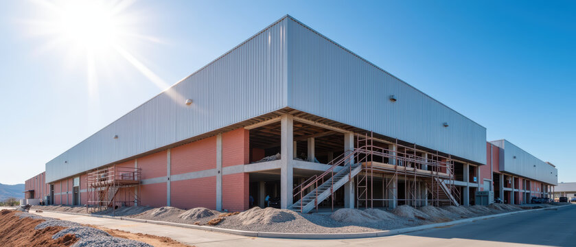 Modern industrial building construction site scaffolding clear sky sunlight exterior brick metal urban development architecture