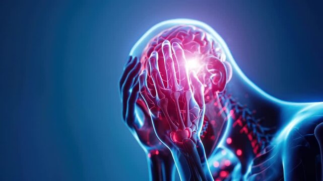 Illustration of human head silhouette with highlighted brain, indicating neural activity or headache