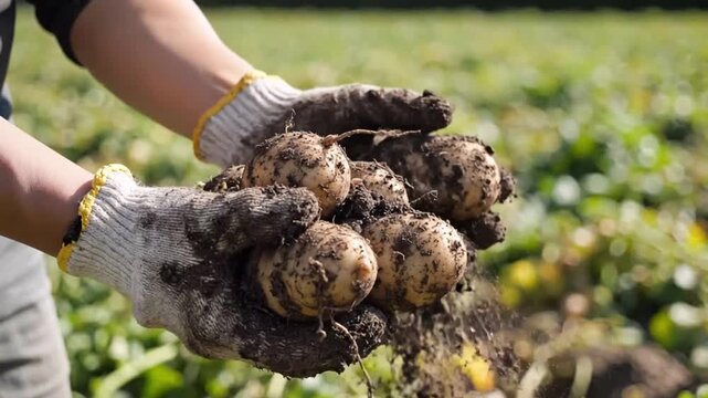 Freshly Harvested Organic Potatoes Being Held by a Farmers Hands in a Field