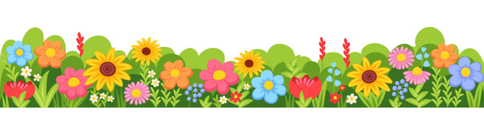 Obraz premium Horizontal seamless floral border decorated with blooming flowers and leaves. Spring and summer botanical border.