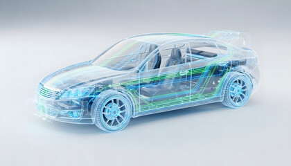 A blue 3d model of a car with a transparent body isolated on white background