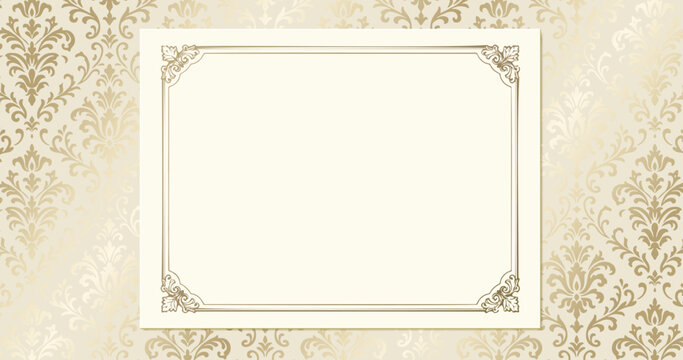 Champagne gold damask pattern background with blank horizontal frame. Luxury vintage certificate or banner template.
