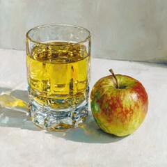 Apple & juice still life. Glass of gold beside speckled fruit