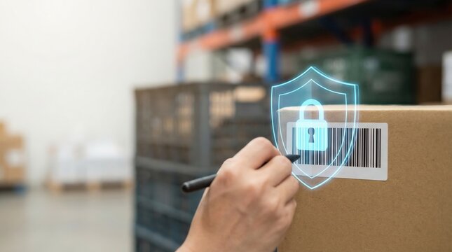 Warehouse package scanning with barcode validation using digital pen and cybersecurity shield icon for secure inventory management and supply chain optimization