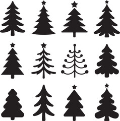 Fototapeta premium Collection of twelve black Christmas tree silhouettes on white background
