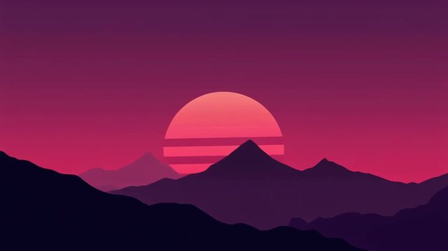 vibrant pink sunset over mountain range silhouette