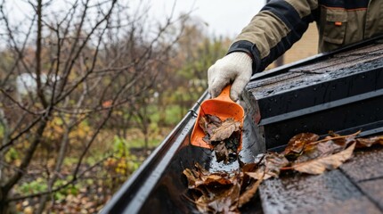 Manual gutter maintenance optimizing roof drainage using hand scoop tool for effective prevention of water damage and efficient property infrastructure protection during autumn season