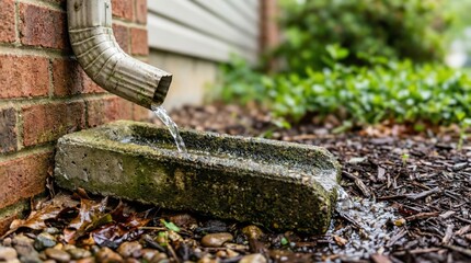 Concrete Gutter Downspout Water Flow Optimization at Building Foundation with Drainage Channel for Erosion Control, Rainwater Management, and Landscape Protection