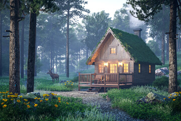 Animation of cozy wooden cabin with a mossy roof in a misty pine forest 3d render, featuring a deer and rabbit. Peaceful morning atmosphere with smoke from the chimney.