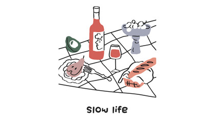 Obraz premium A minimalist illustration of a wine and cheese setting for a slow life