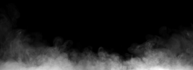 Realistic white smoke and fog on black background with low ground mist effect. Atmospheric haze with copy space, perfect for horror, cinematic, Halloween themes, and dramatic visual overlays. © wasan